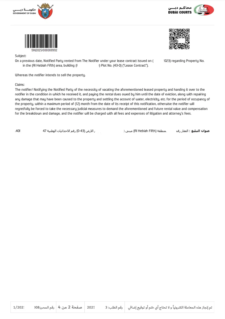 vacating notice to tenant Dubai